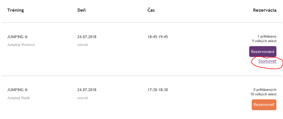 Ukážka storna rezervácie v rezervačnom systéme